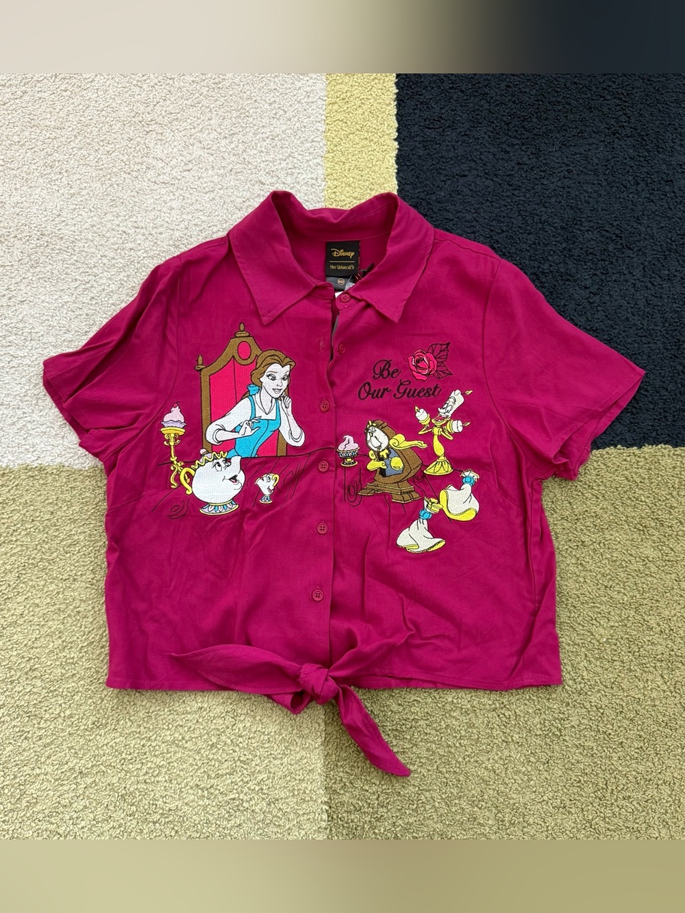 DISNEY Burgundy 'Be Our Guest' Tie-Front Button-Up Top